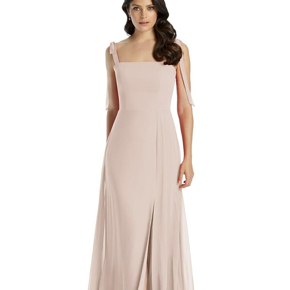 Dessy 3042...Tie-Shoulder Chiffon Maxi Dress with Front Slit...Cameo...Size 2